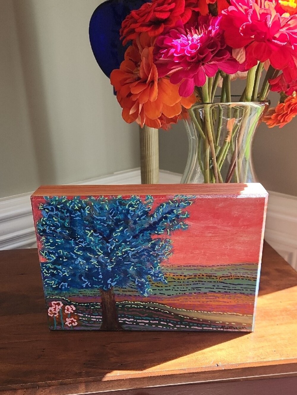 Blue Tree Canvas Wall Art - Vibrant Coral Sky - "Prosperity" - by BRD